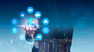 Double exposure business man with social media and digital technology. cityscape background.