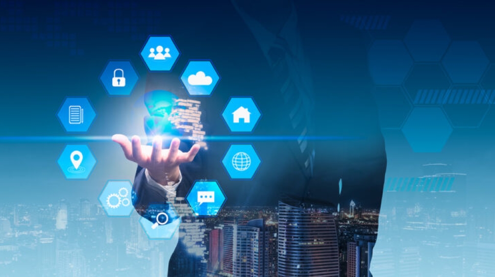 Double exposure business man with social media and digital technology. cityscape background.
